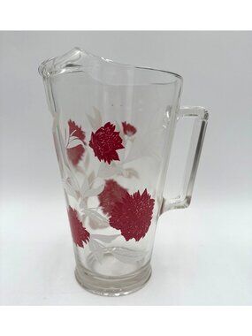 Vintage Heavy Glass Pitcher Clear Glass Pitcher Red Floral Print with Ice Lip